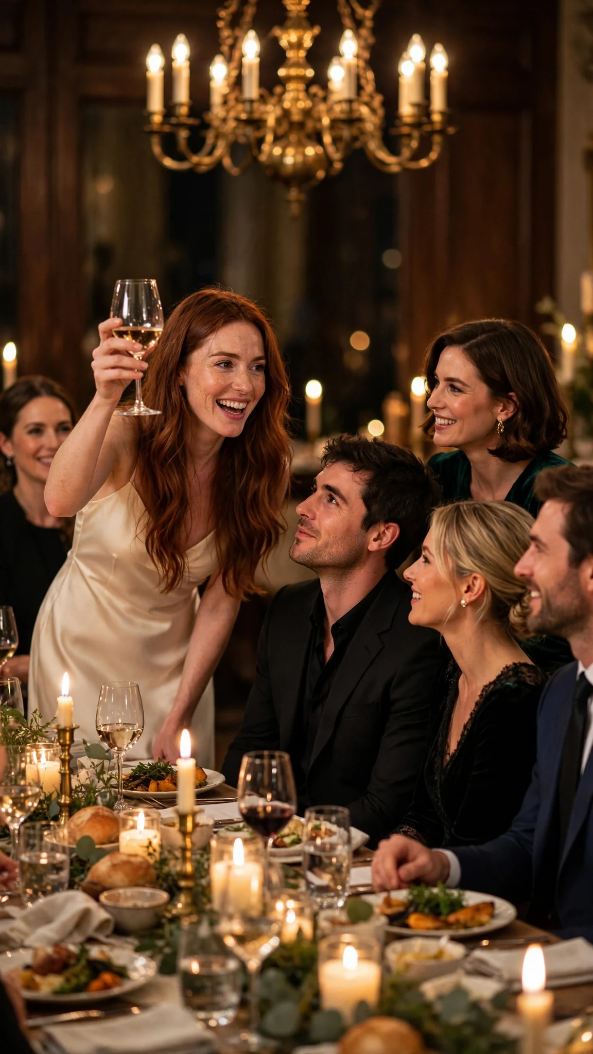 Vivienne stands with her glass raised, the whole table turning to look at her.