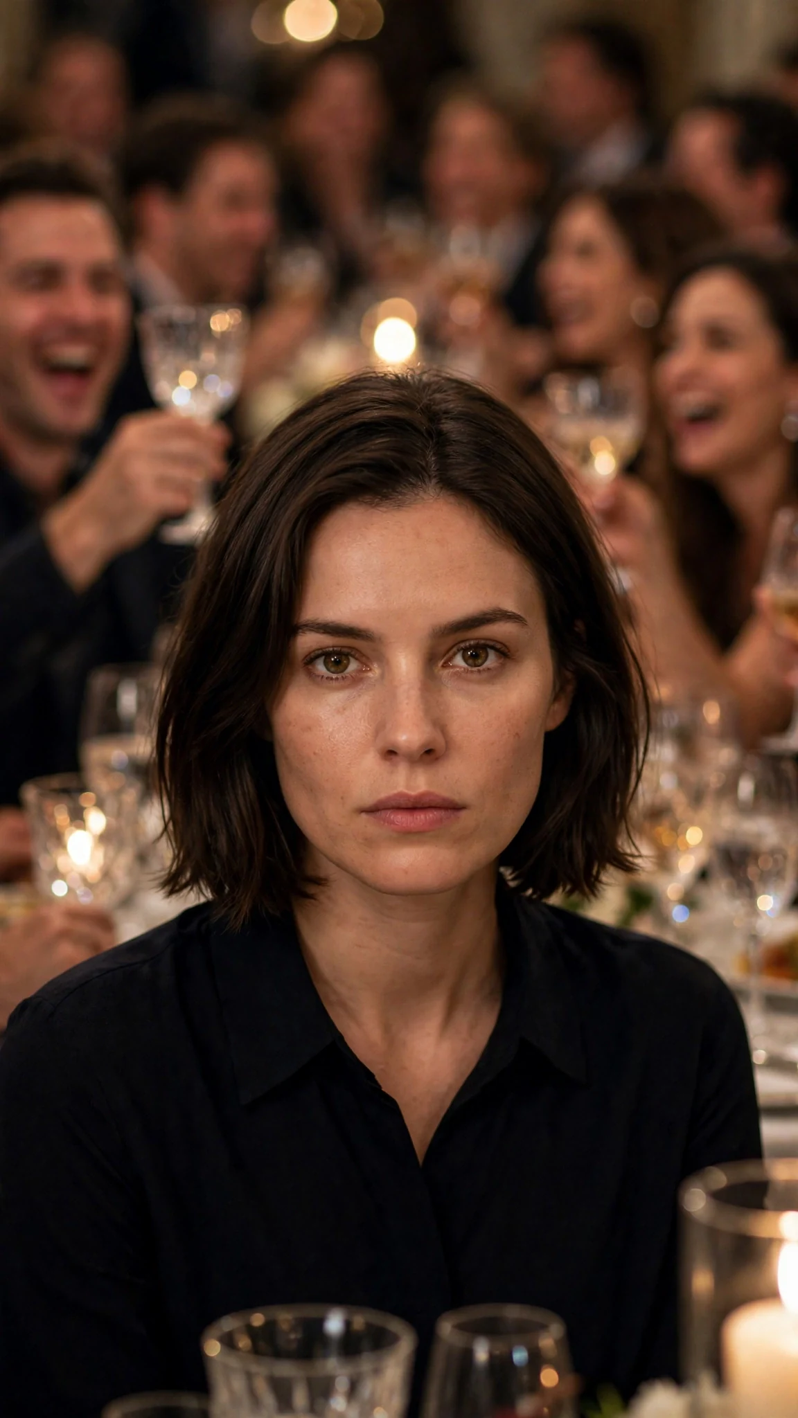 Isla sits alone in the candlelight with her hands flat in her lap as the table laughs.
