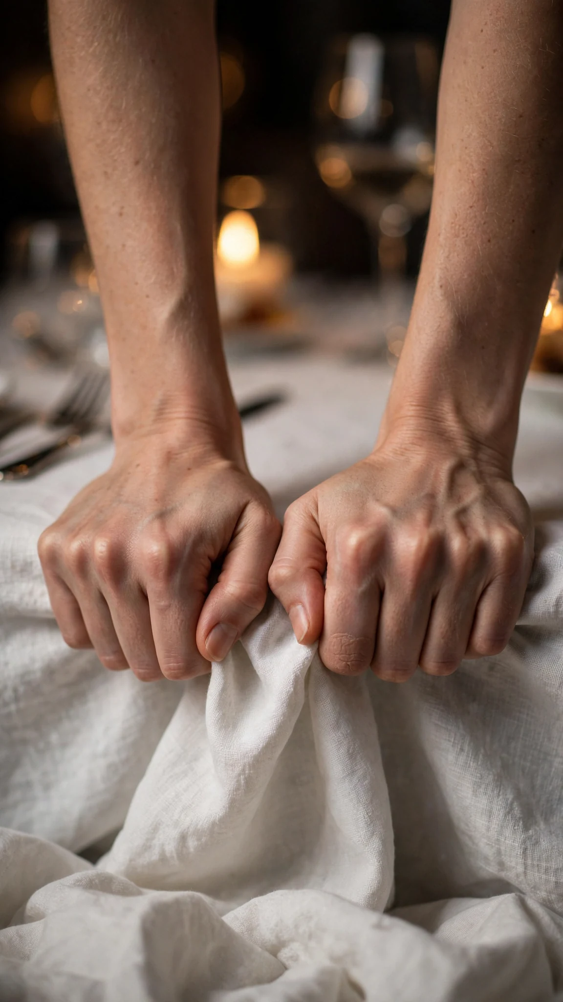 Isla's hands grip the edge of the tablecloth, knuckles pale, in close-up candlelight.