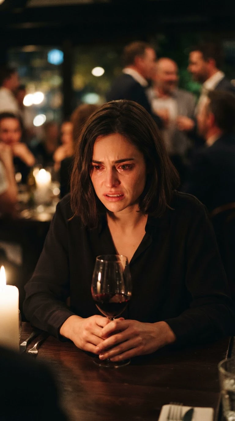 Isla stares at her wine glass, jaw tight, the room dark around her.