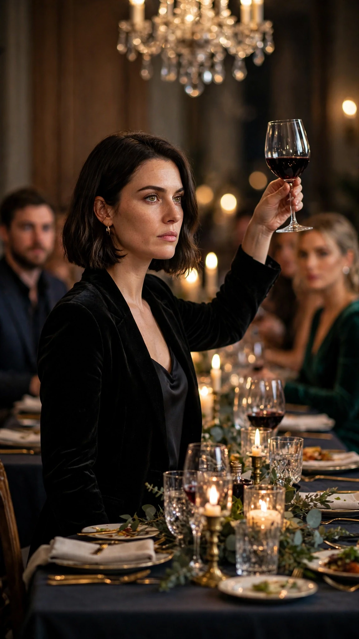 Isla raises her wine glass and speaks to the whole table with a cold, composed face.