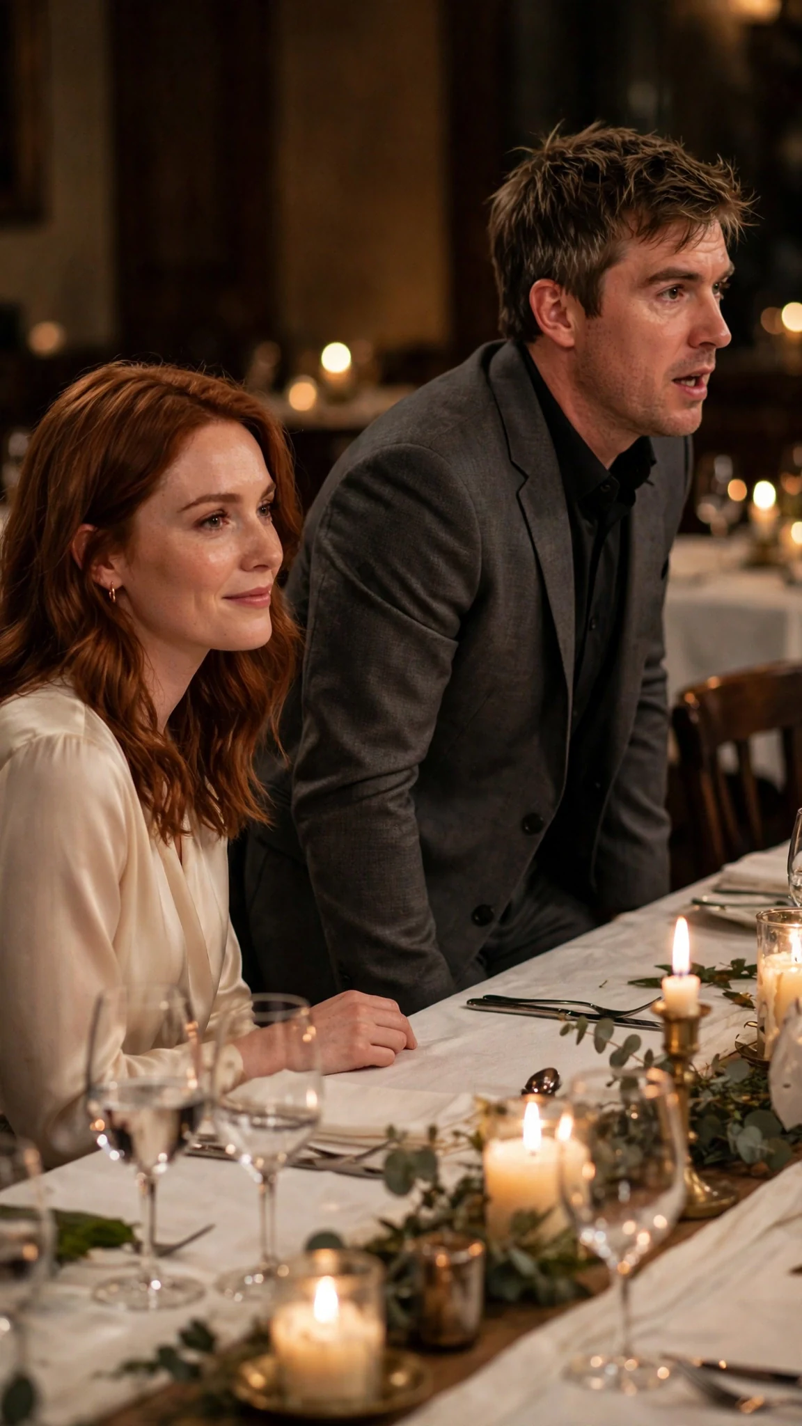 Vivienne's smile thins while Declan half rises from his chair, saying Isla's name.