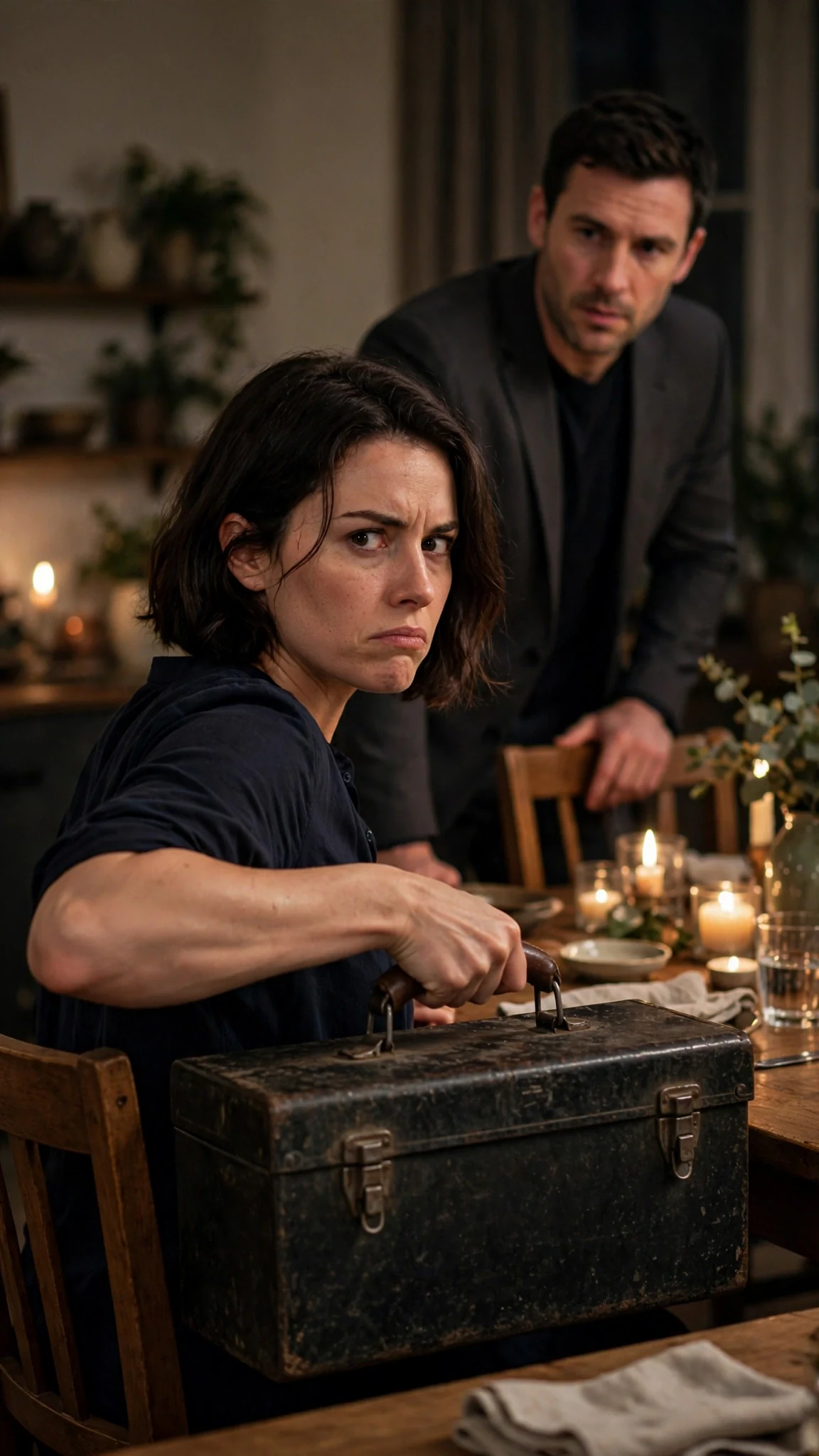 Isla lifts her heavy toolbox from behind her chair while Declan stands at the table.