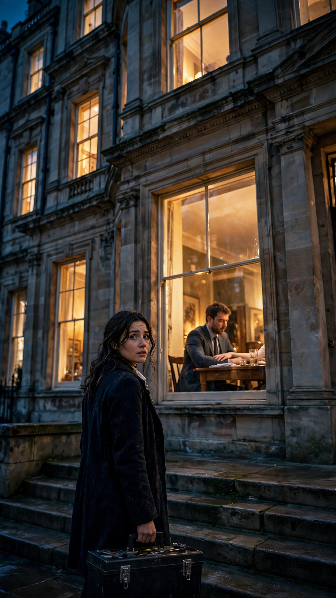 Isla looks back through the lit windows of Pryce House and sees Declan still seated with Vivienne's hand on his arm.