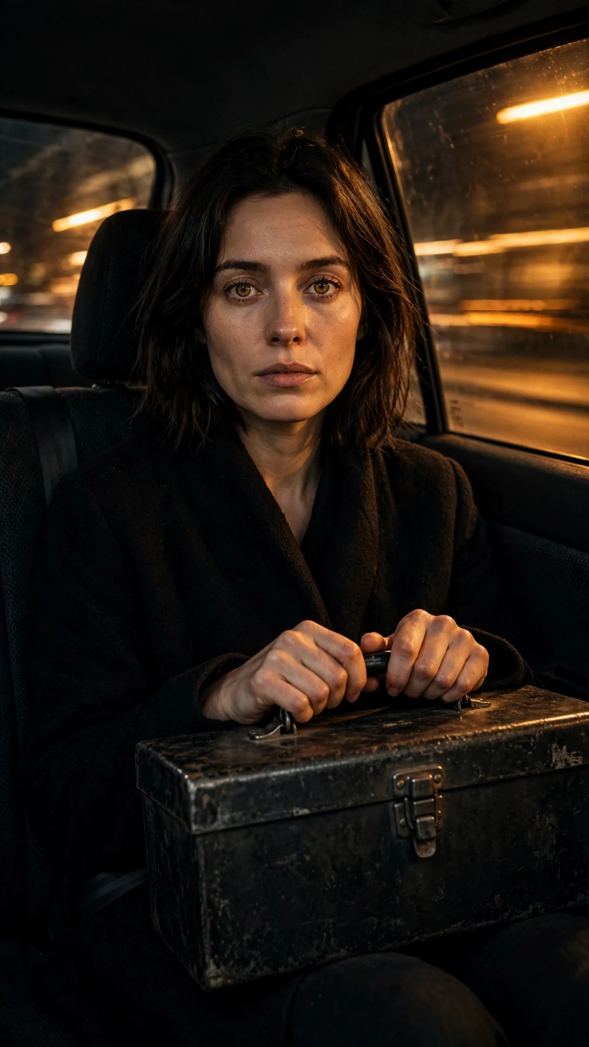 Isla sits alone in the back of a night cab with the toolbox on her knees.