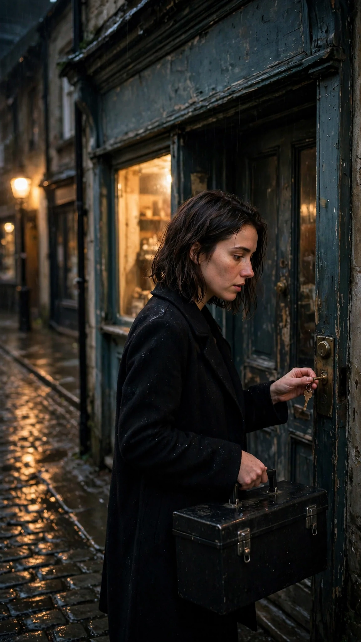 Isla unlocks her dark workshop door on Gilt Row, toolbox in hand.