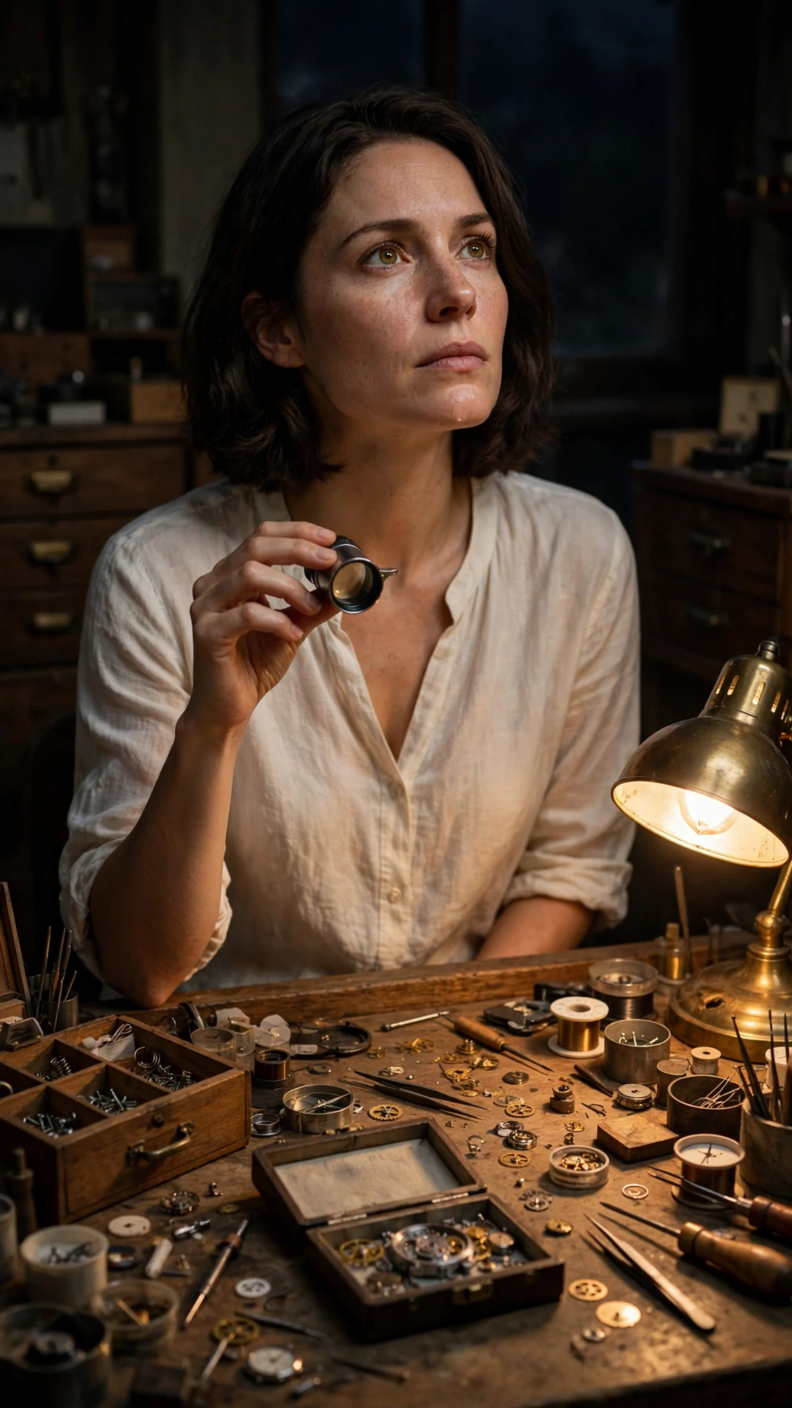 Isla stands under her bench lamp with her loupe in hand, chin up, the shop around her.