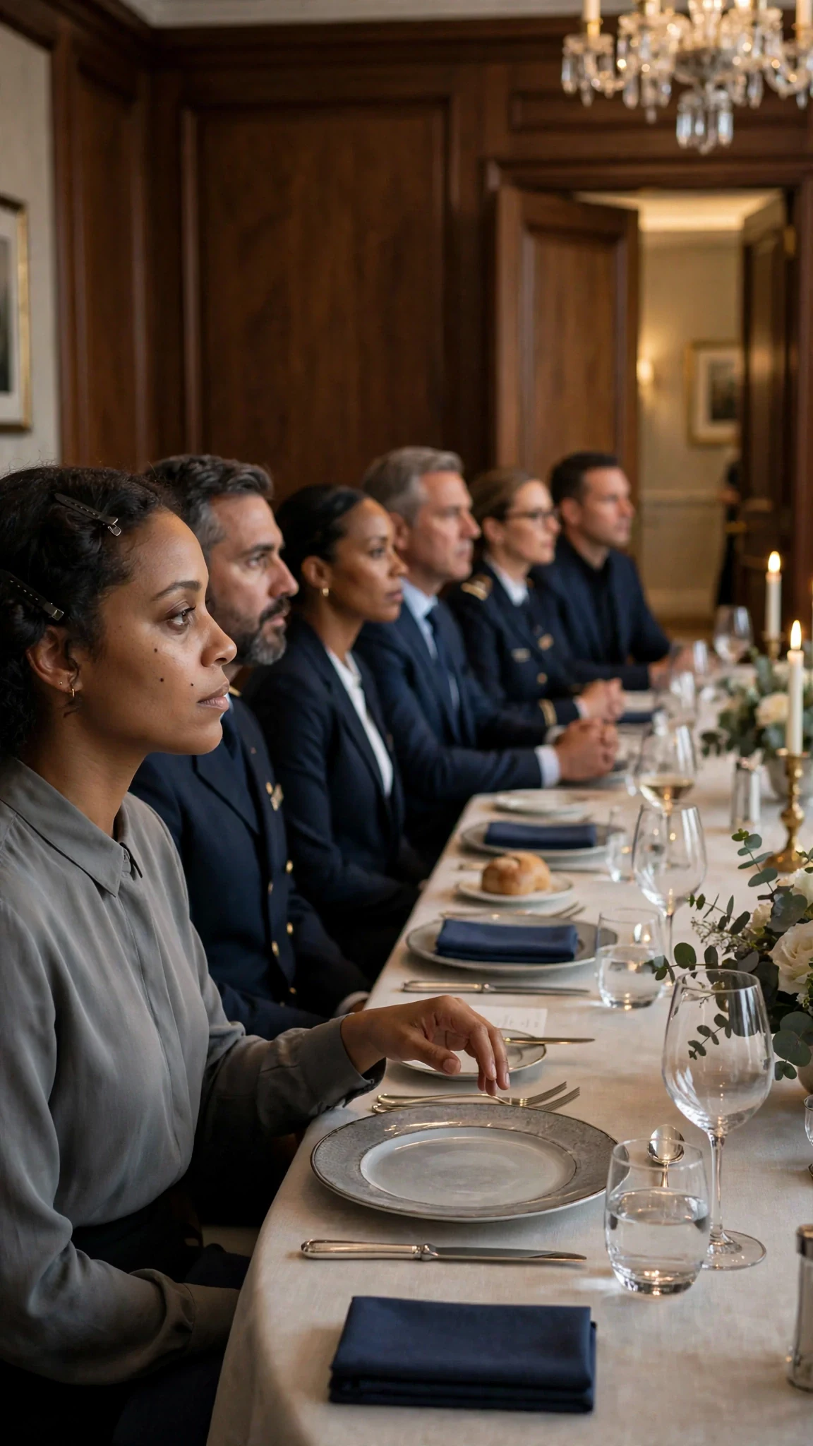 A woman in a gray blouse sits alone at a long hotel lunch table, looking up as the room falls silent.