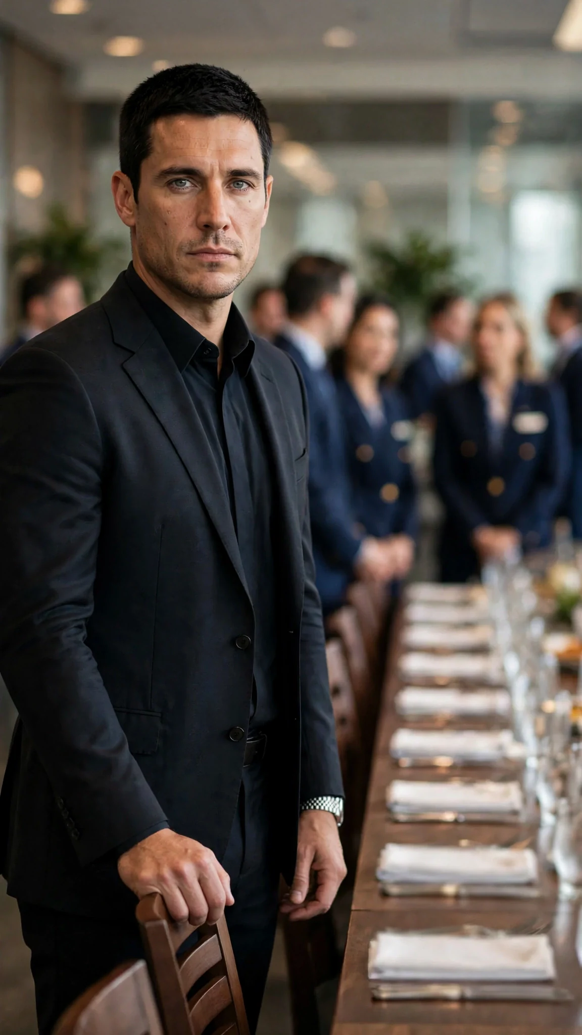 A tall man in a dark tailored suit stands at the head of the table, gray eyes fixed on his wife.