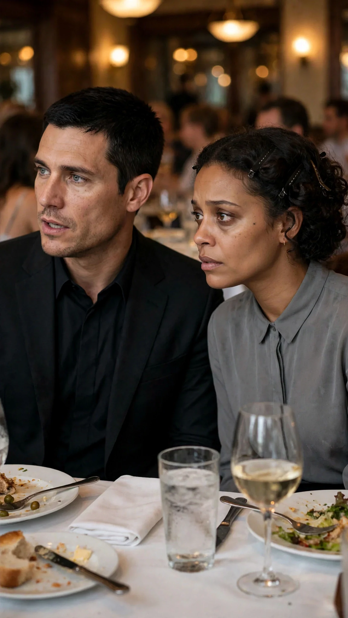 The man sits down close beside his wife, their sleeves almost touching, her eyes on his profile.