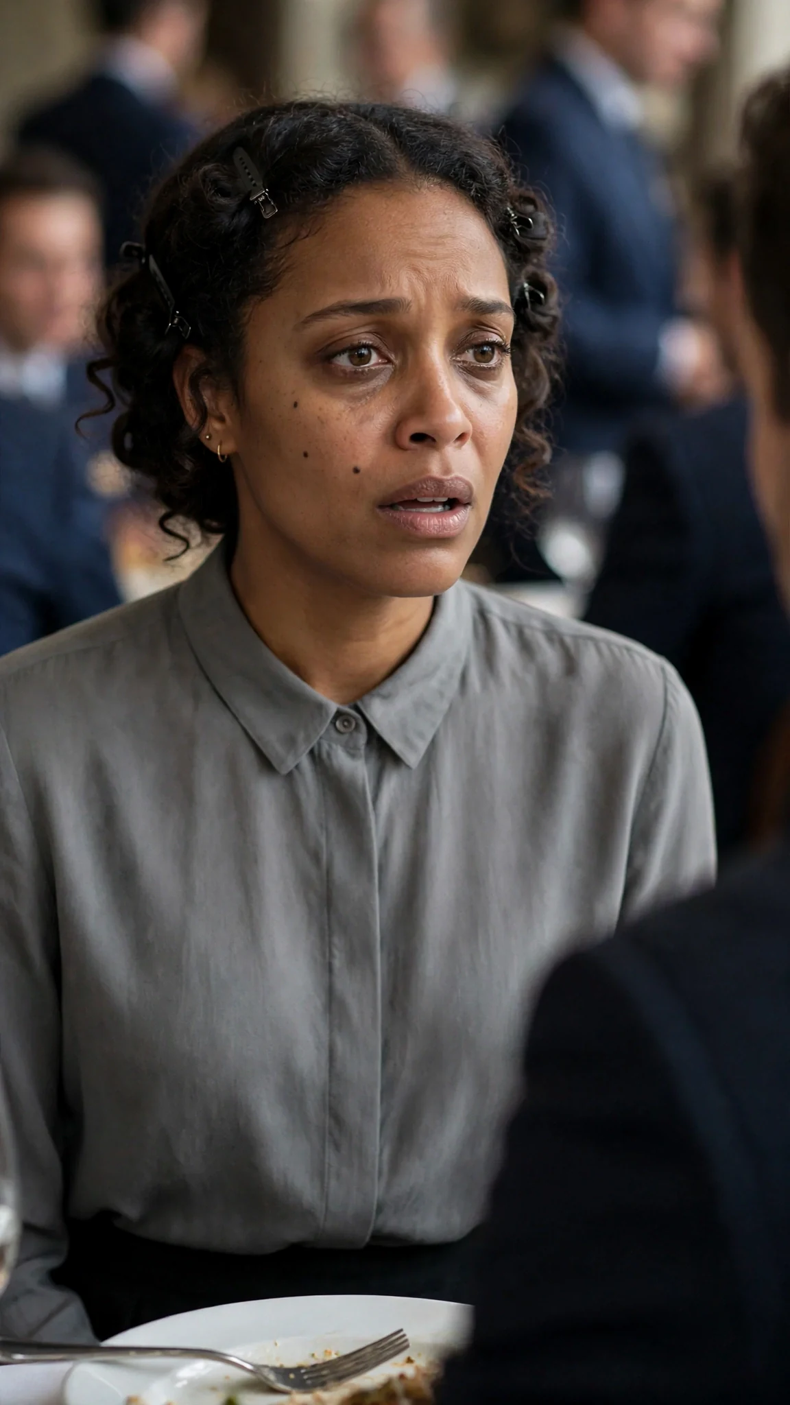 A woman's hand goes still over her plate as she stares at the man beside her.