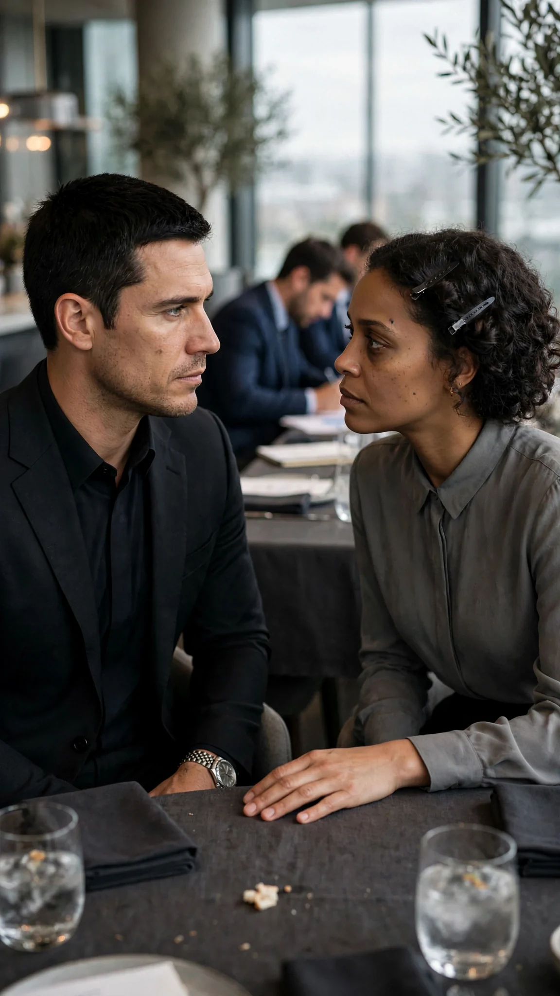 A man in a dark suit speaks flatly while his wife leans toward him, half pleading.