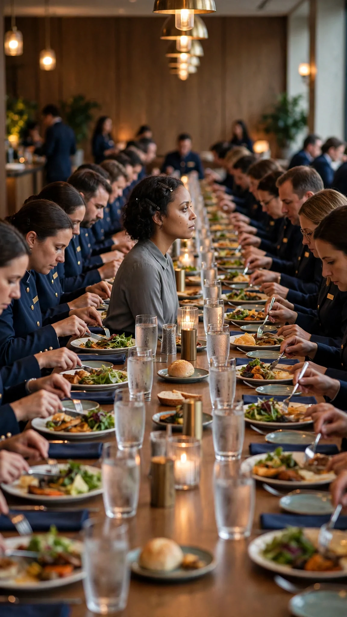 Rows of hotel managers stare at their plates while a woman sits alone among them.