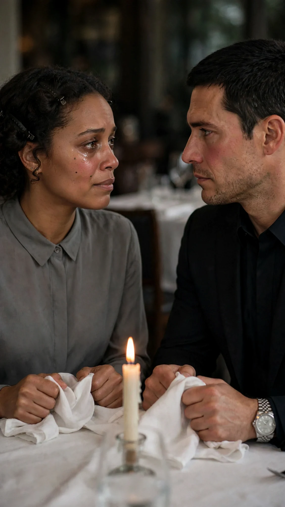 A woman grips the table edge and looks up at her husband, asking him why.