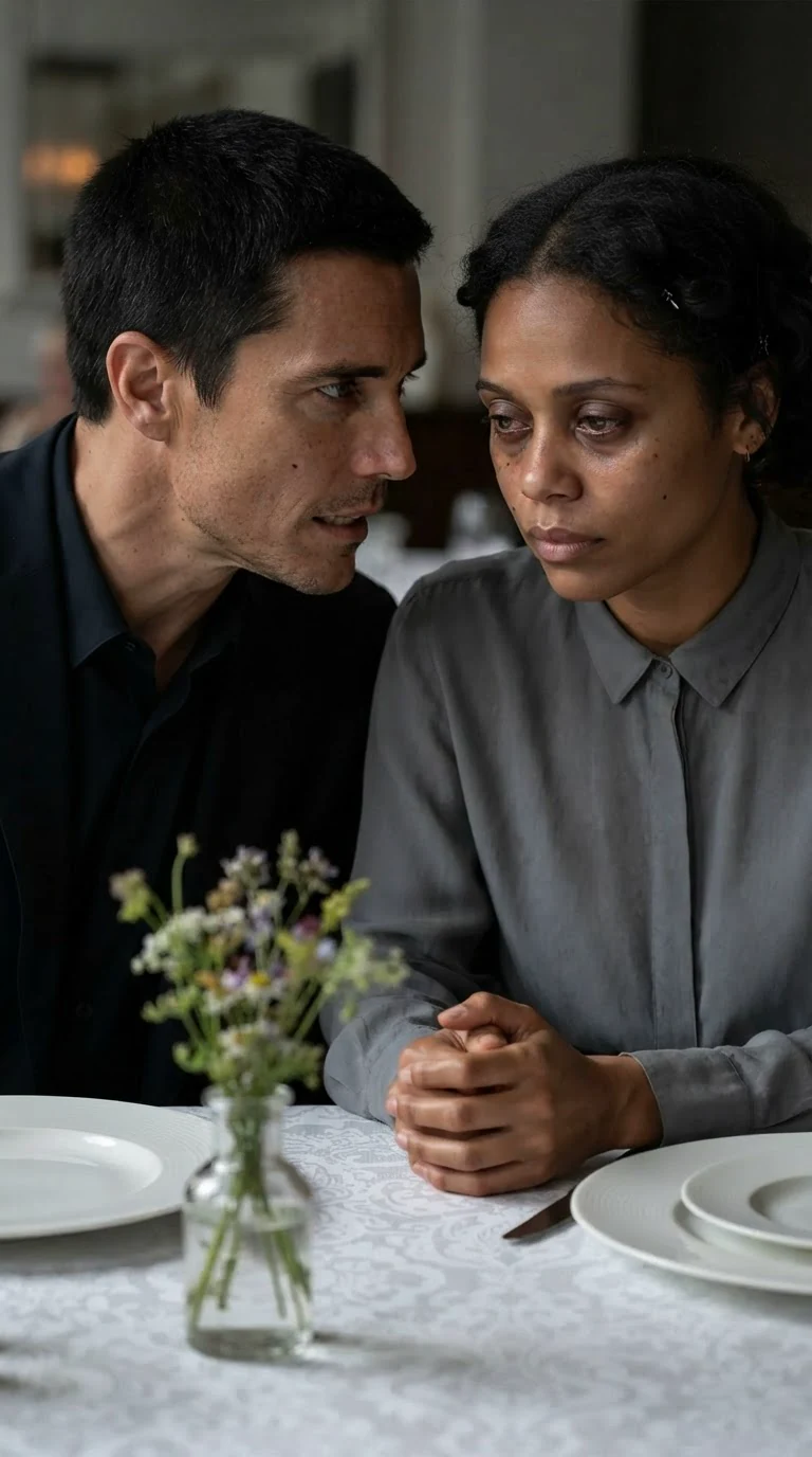 The man's mouth forms a hard line as he speaks beside his wife's bowed head.