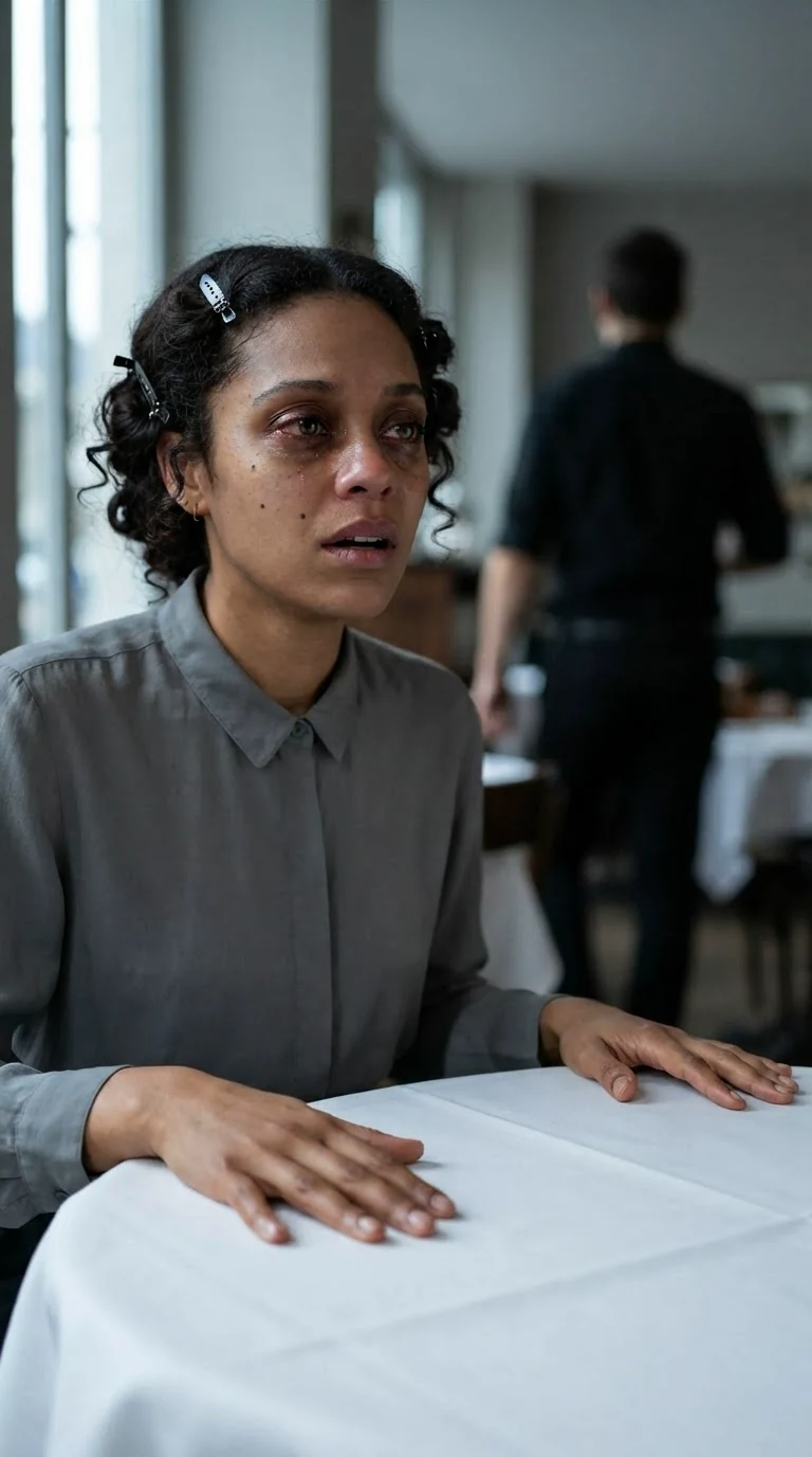 A woman's hands go flat on the table as her face crumples with grief.