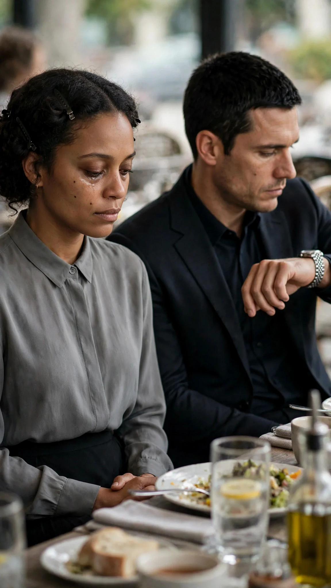 A woman sits still with her hands in her lap, deciding, while her husband looks away.