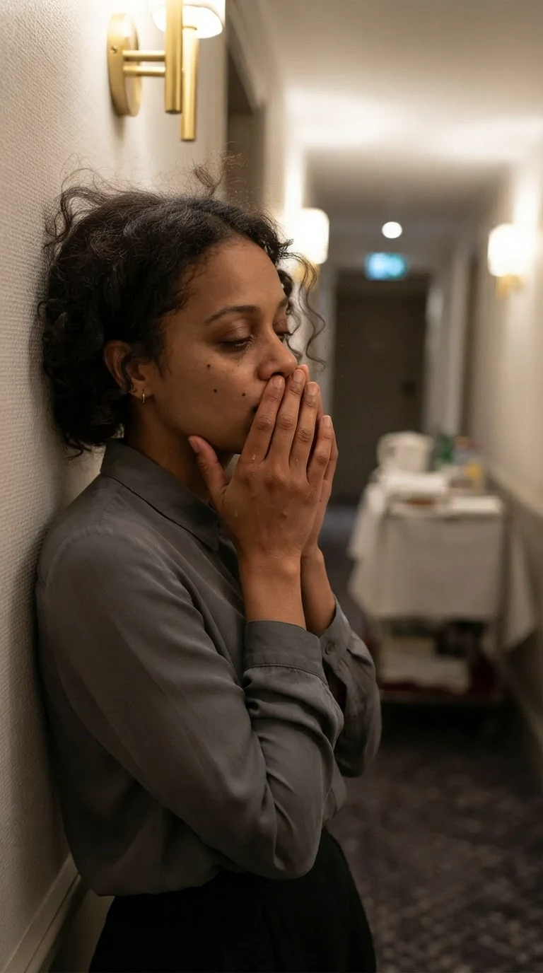 A woman alone in a hotel corridor leans against the wall, eyes closed, hands pressed to her face.