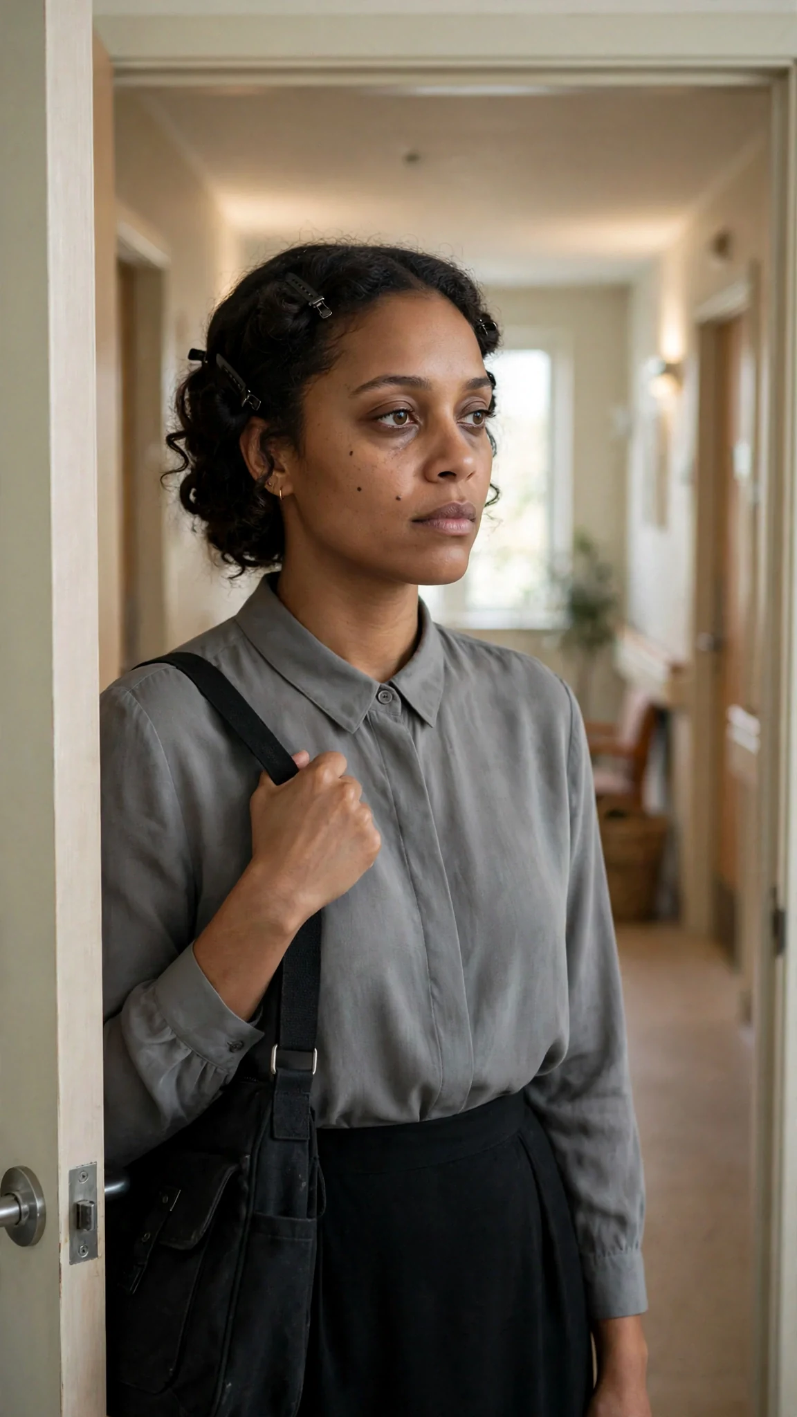 Elodie stands in the doorway of a hospice room holding a heavy bag.