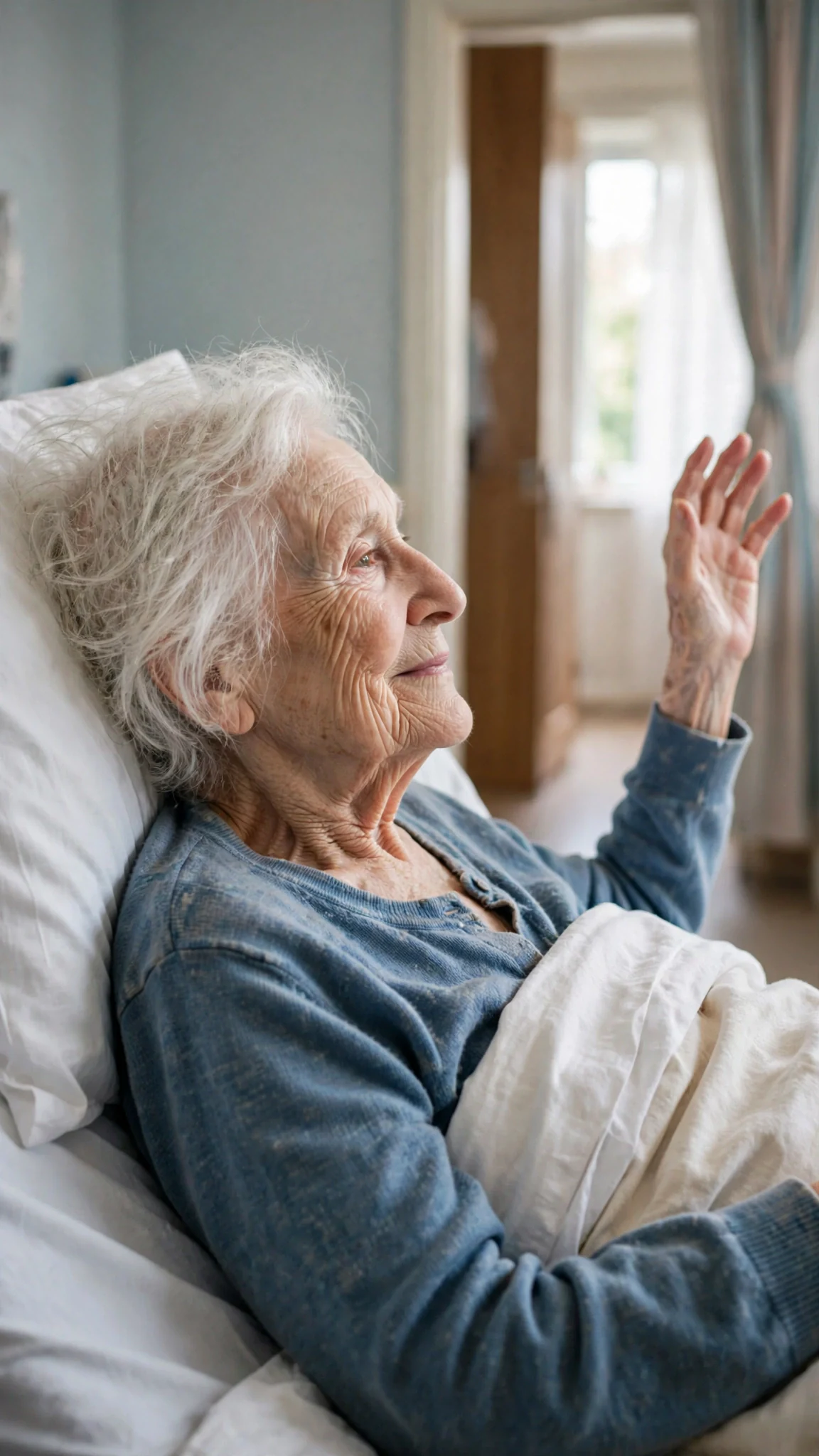 Ruth lies small in a hospice bed and reaches toward Elodie.