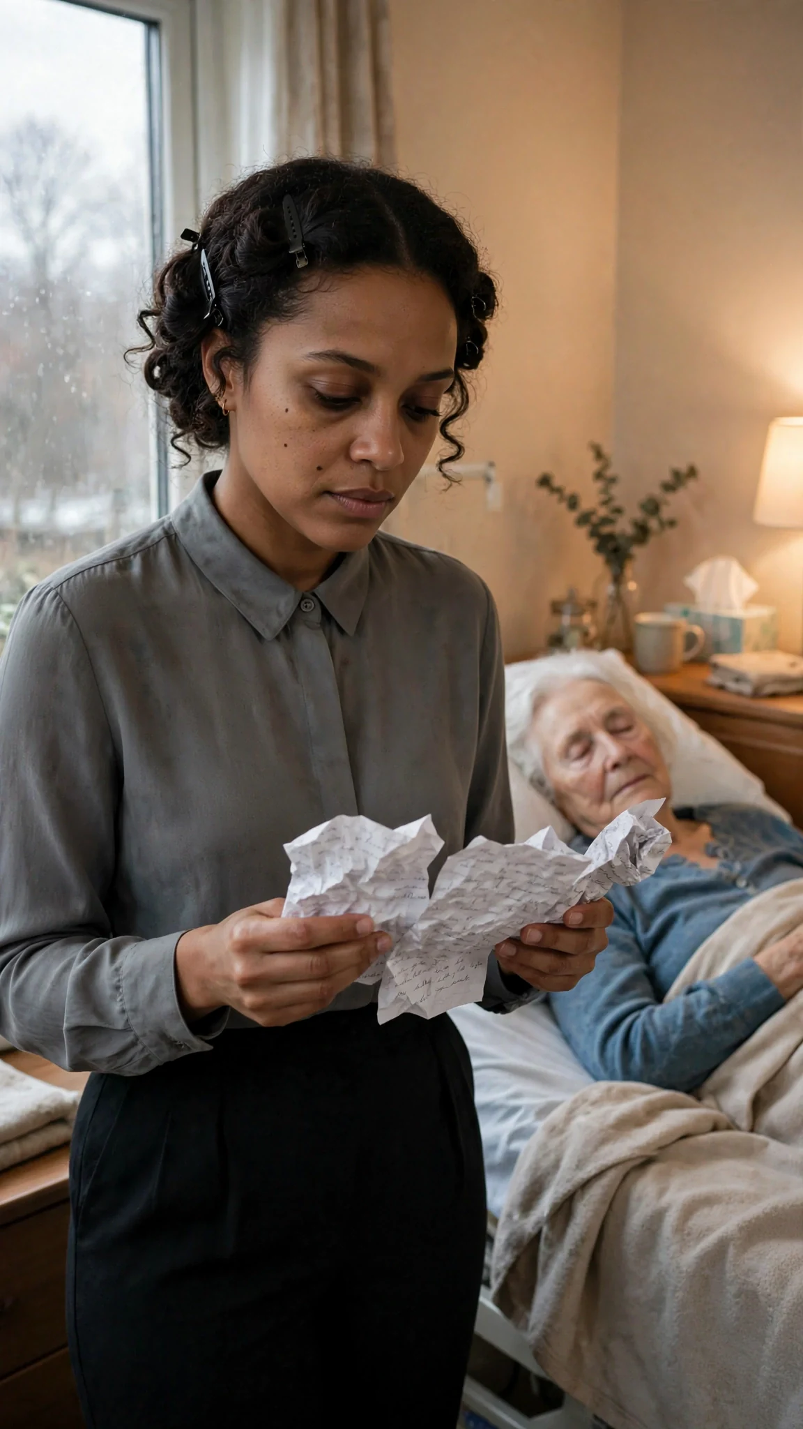 Elodie unfolds three handwritten pages by the hospice window.