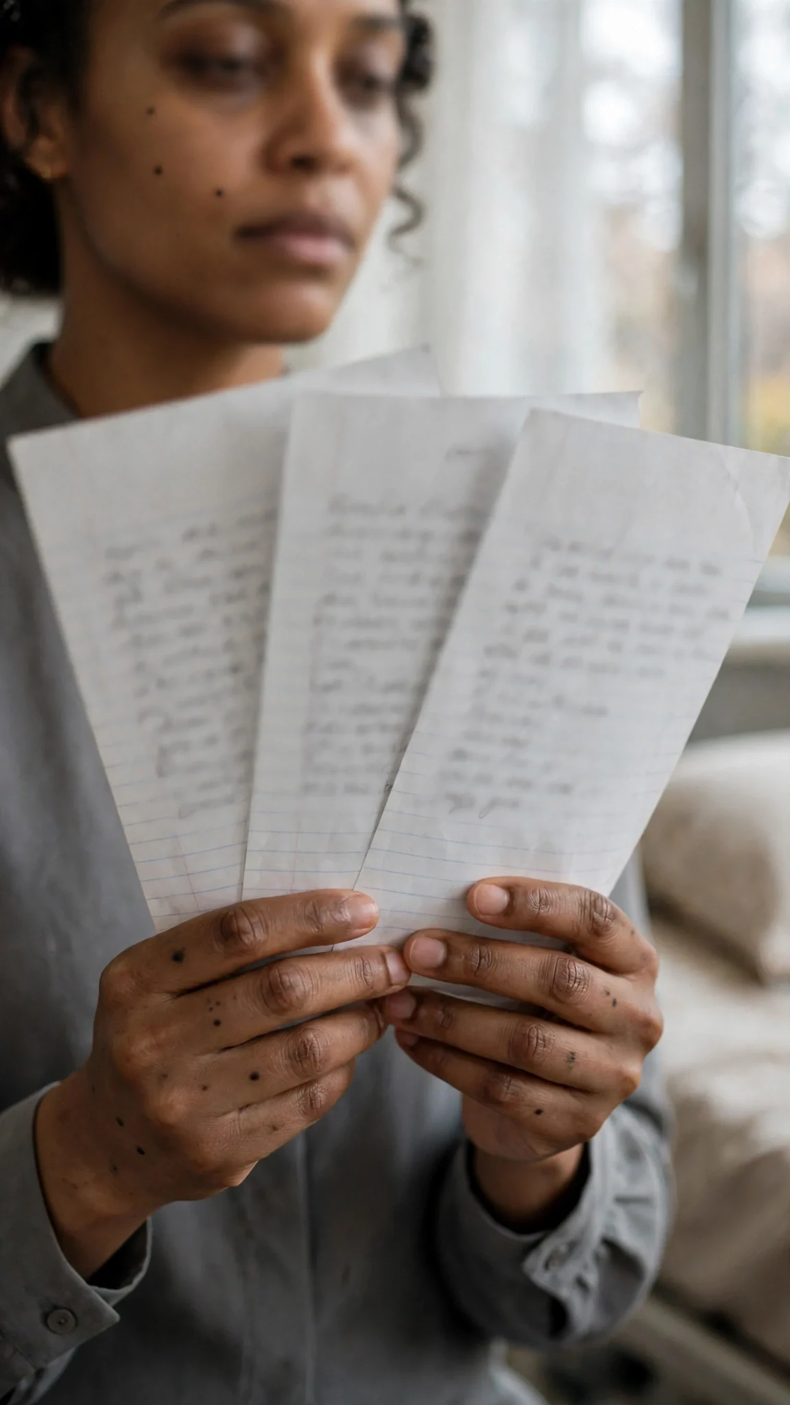 Close on the handwritten pages trembling in Elodie's hands.