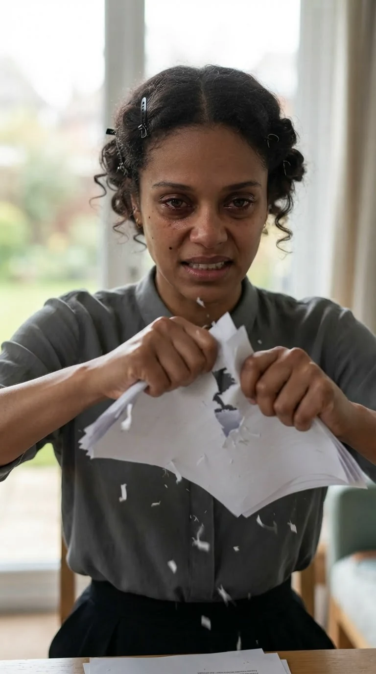 Elodie tears the pages in half, pieces falling.