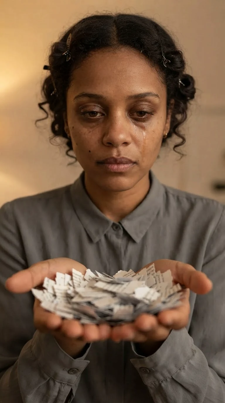 Elodie looks down at torn paper scraps in her palms.