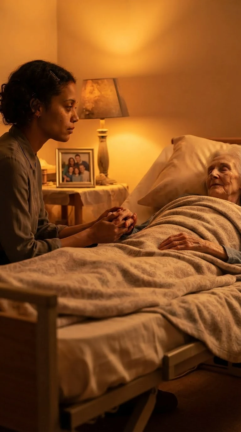 Elodie sits in the darkening room holding Ruth's sleeping hand.