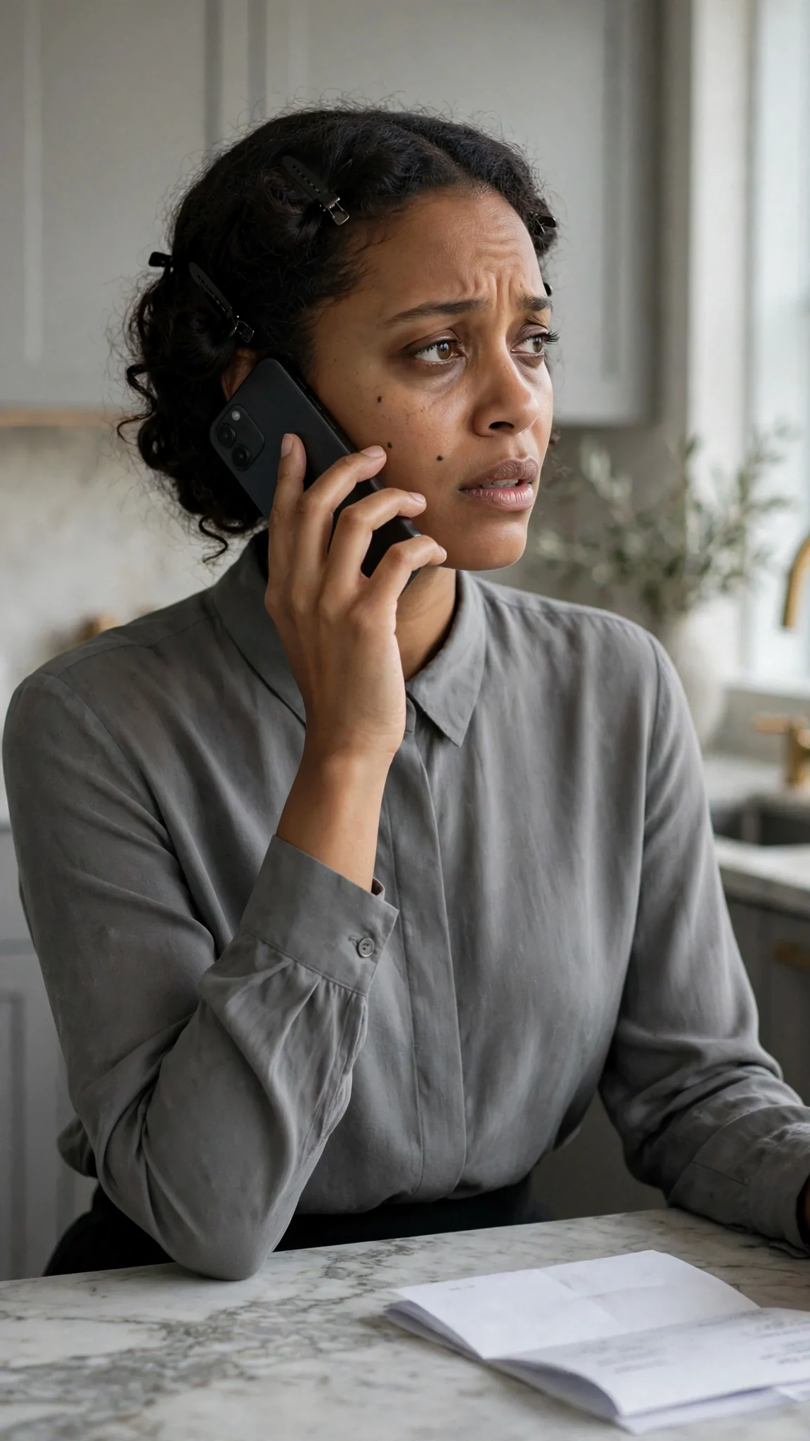 A tired woman in a gray blouse listens to a phone call in a bright penthouse kitchen.
