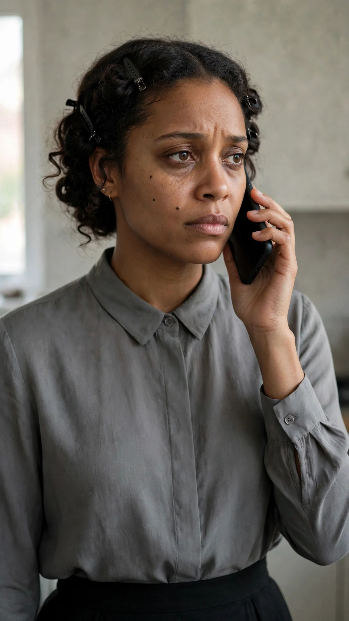 The same woman stands still in the kitchen, phone pressed hard to her ear.