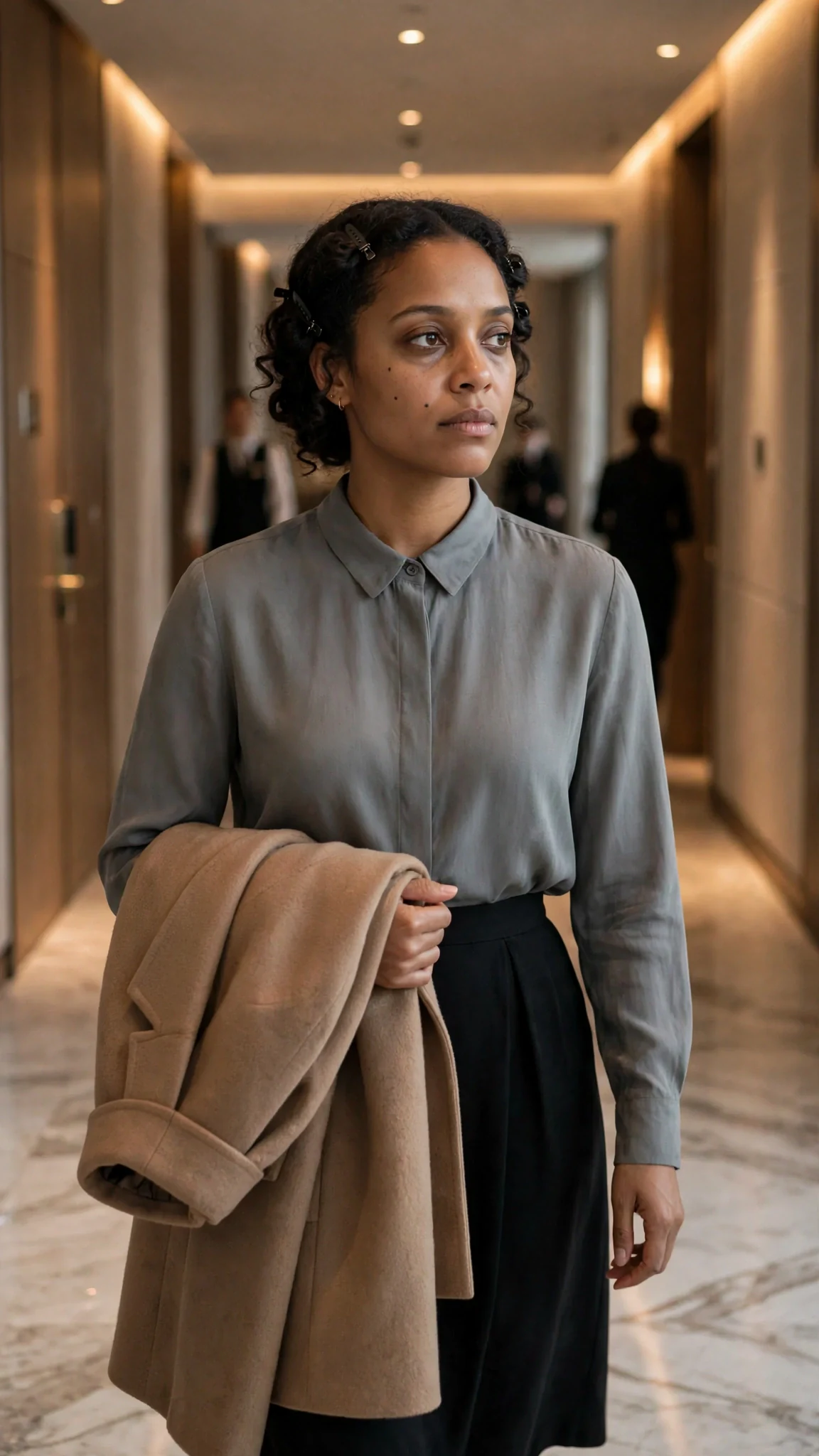 Elodie walks down a hotel corridor with her coat over her arm.