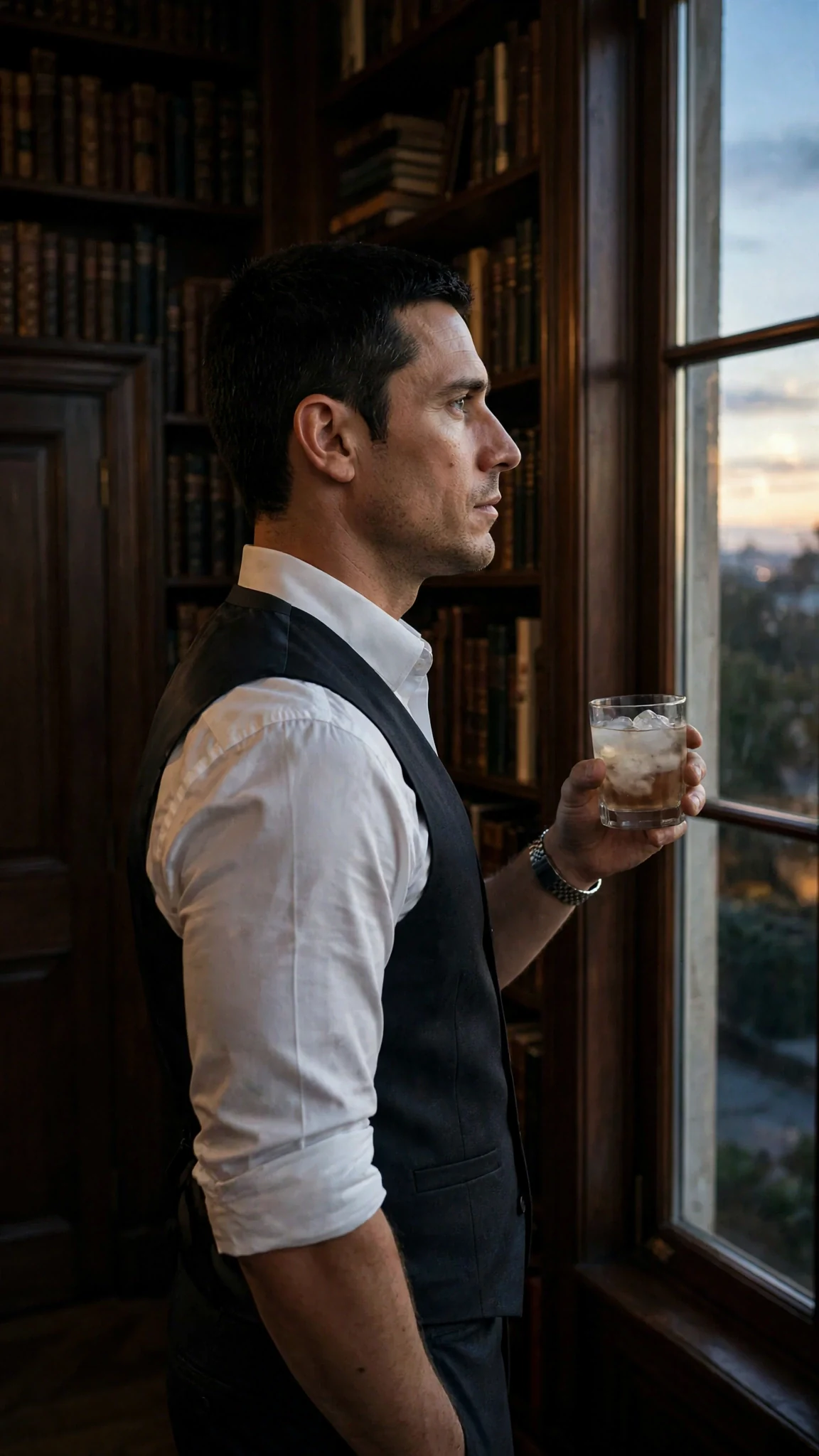 Everett stands at a dark study window with his sleeves rolled, back to the door.