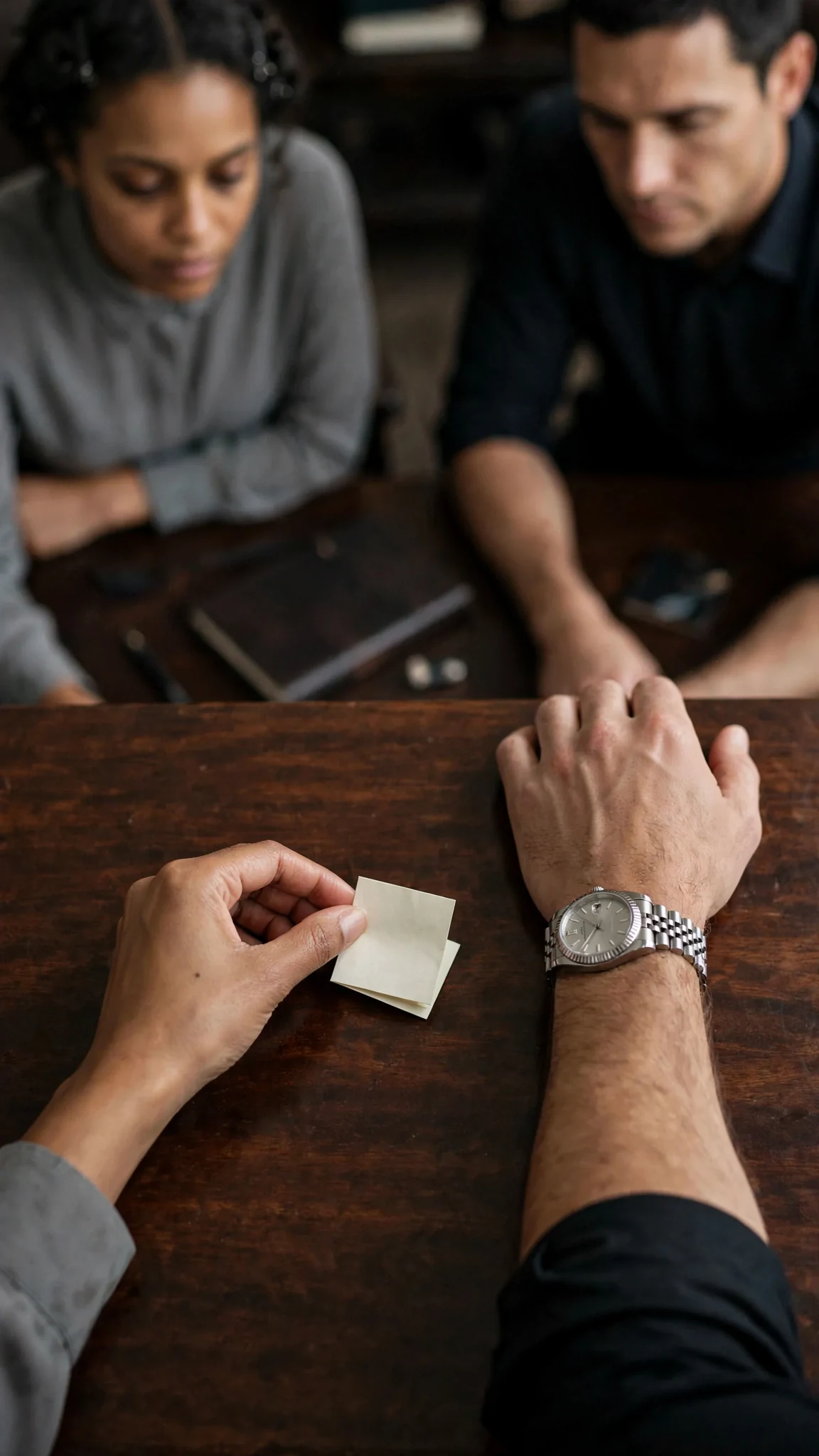 A folded invoice lands on a dark wooden desk between them.