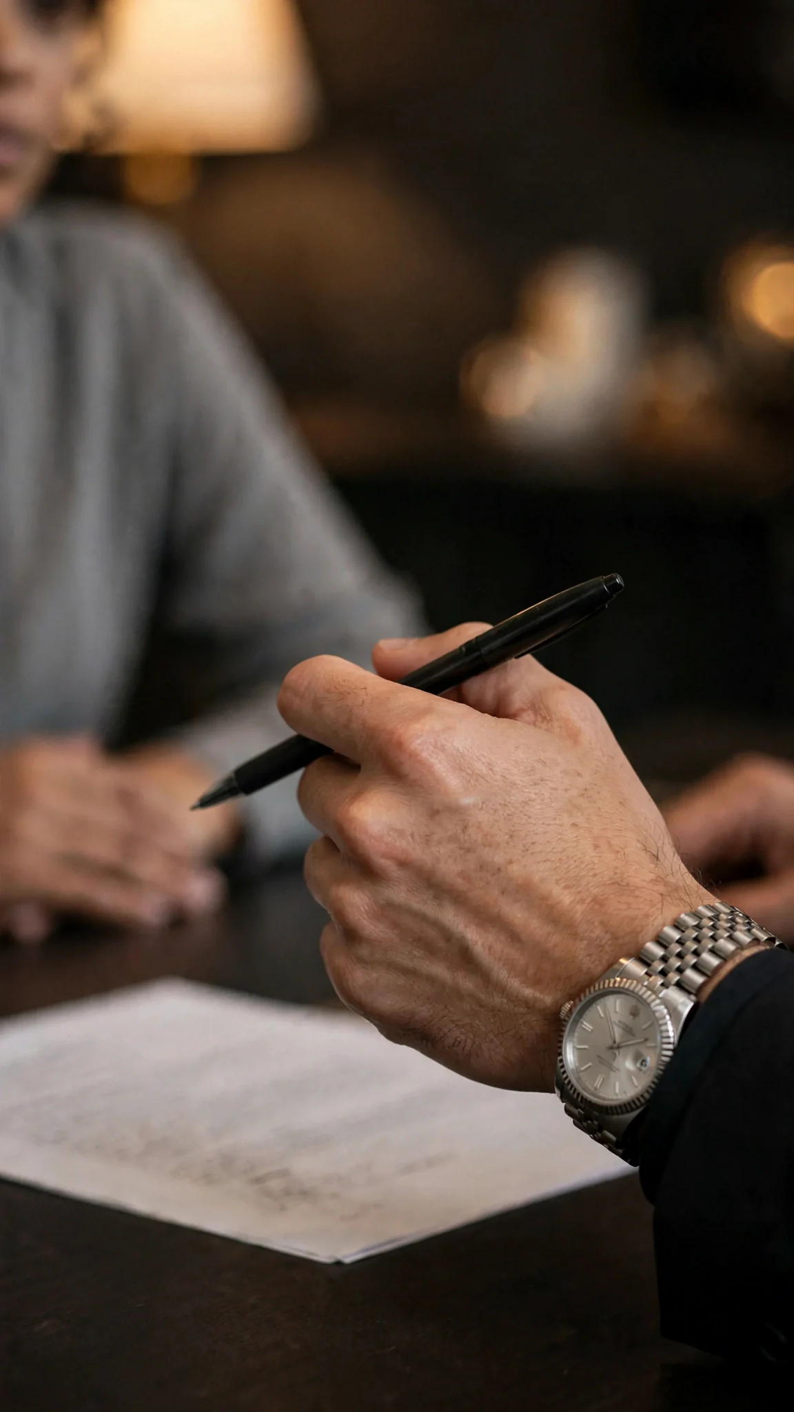 Close view of a man's hand turning a pen slowly over a sheet of paper.