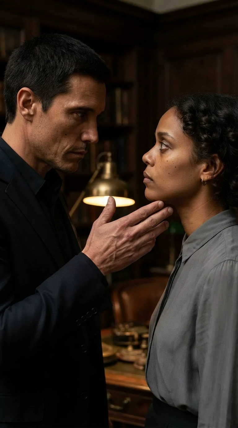 The two stand very near each other, his hand lifting toward her face.