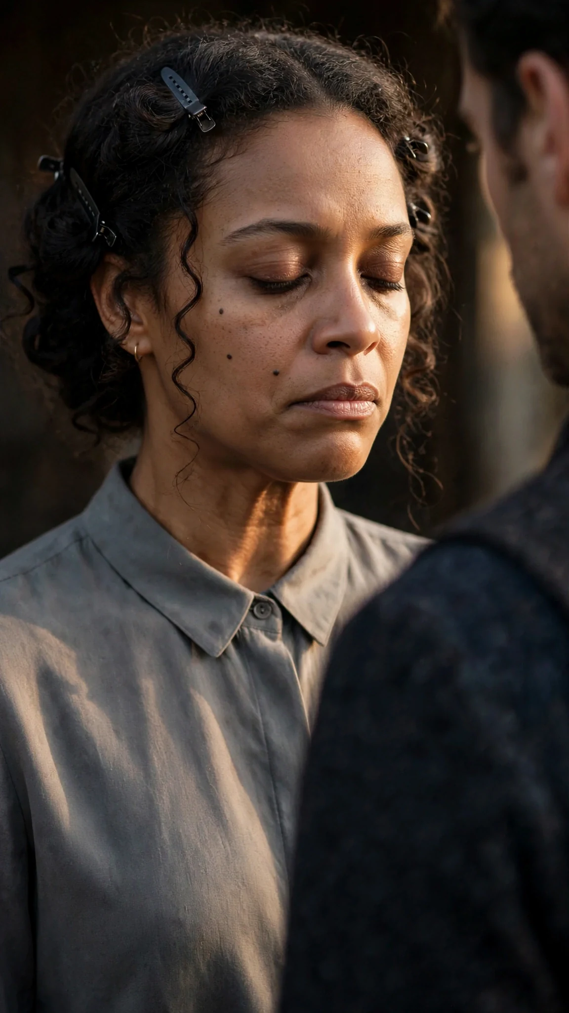 Close-up of Elodie's face, eyes shut, fighting herself.