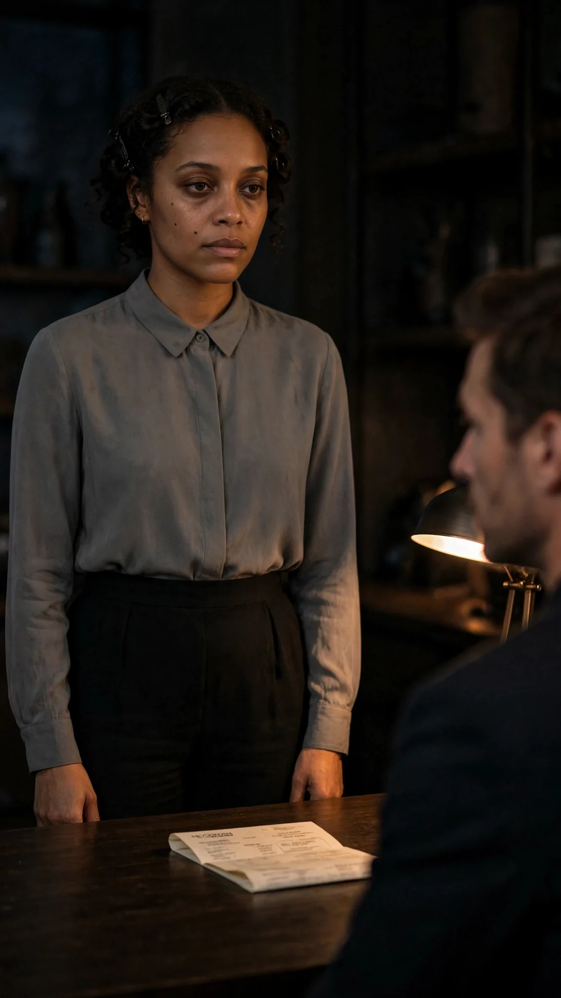 Elodie stands tall before the desk, hands loose at her sides.