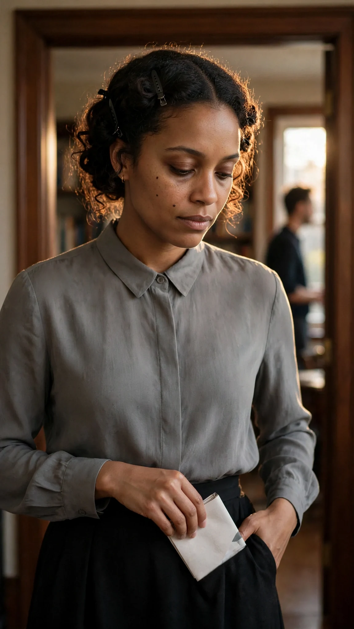 Elodie folds the invoice into her pocket by the study door.