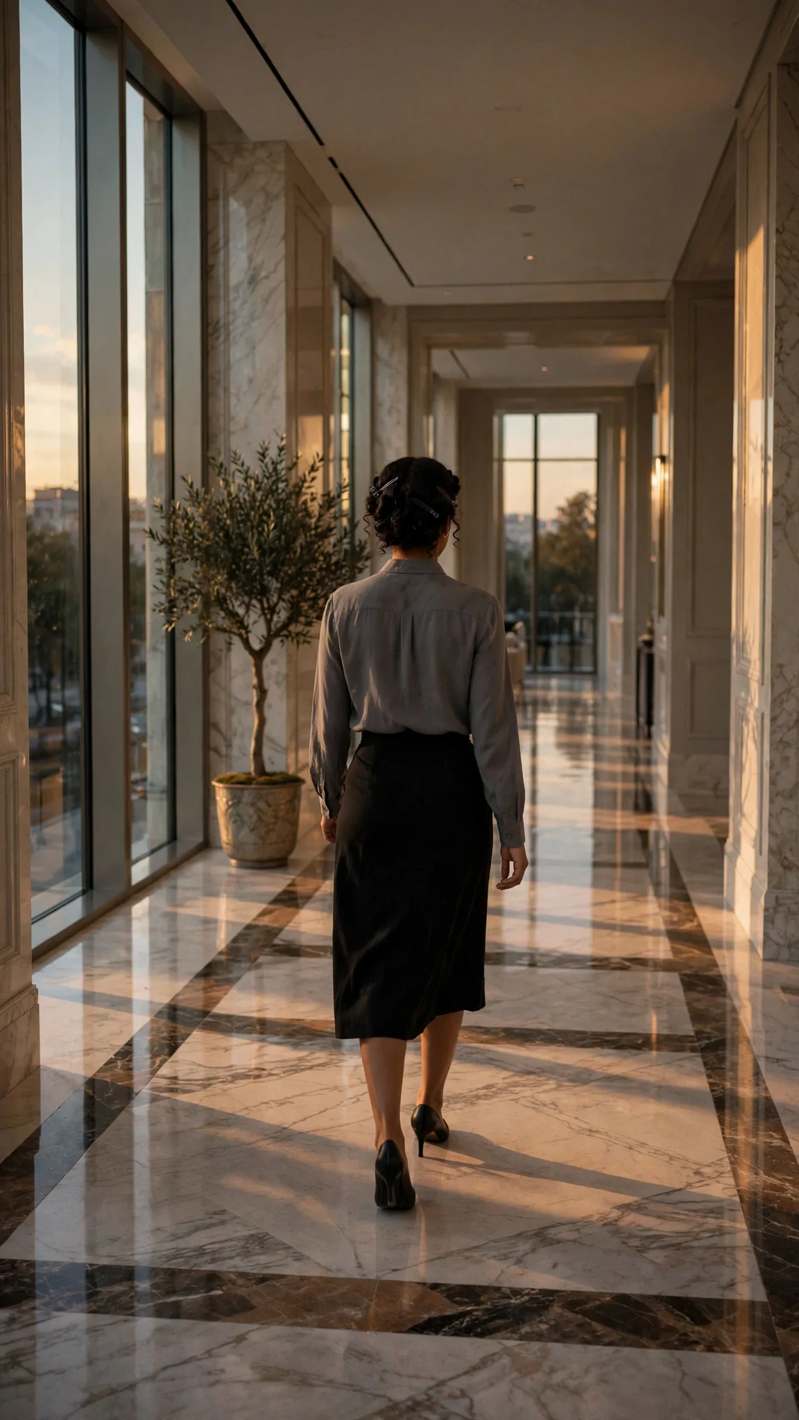Elodie walks away down the long penthouse hallway, head up.
