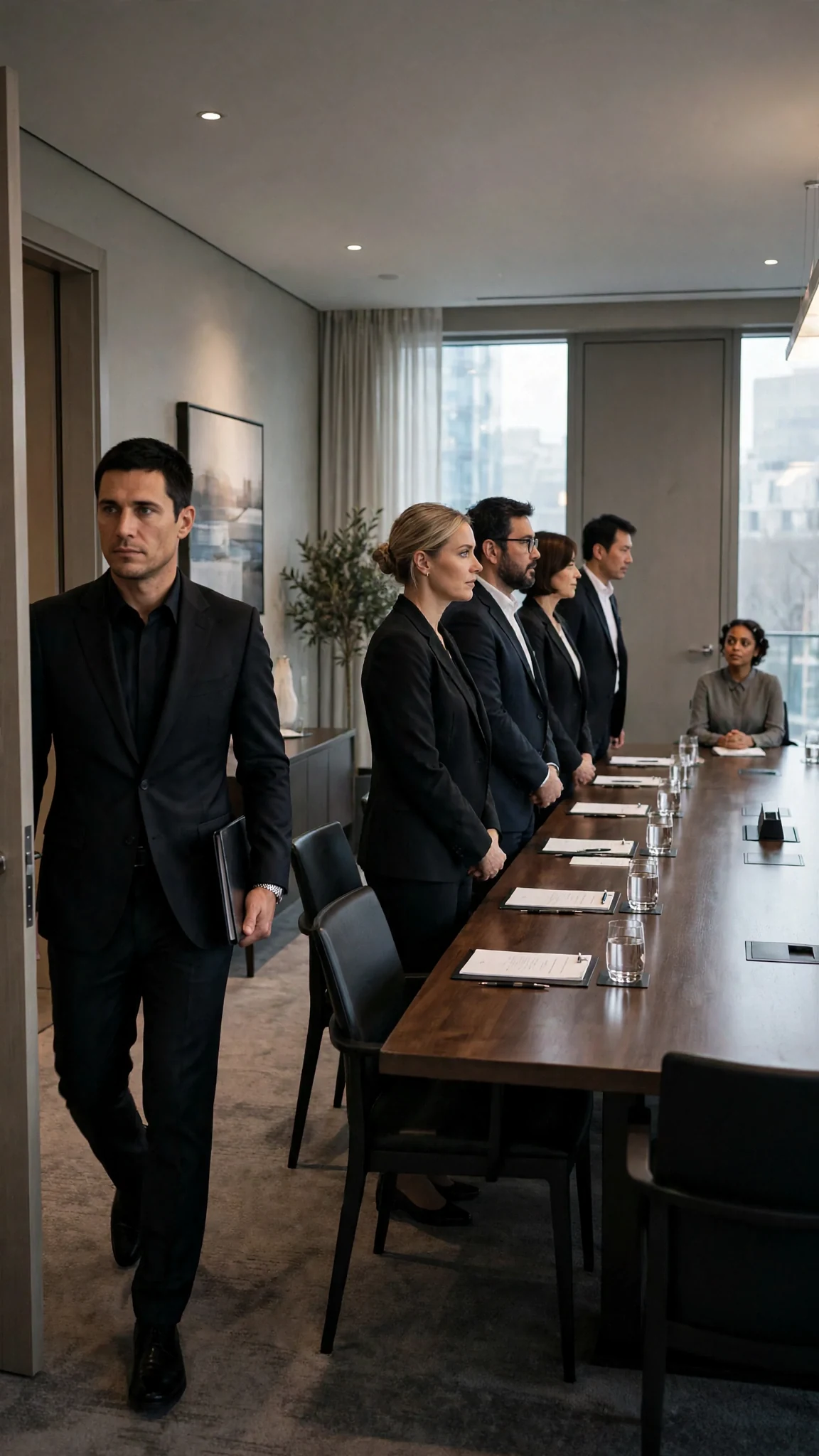Everett enters the conference room and every manager stands up.