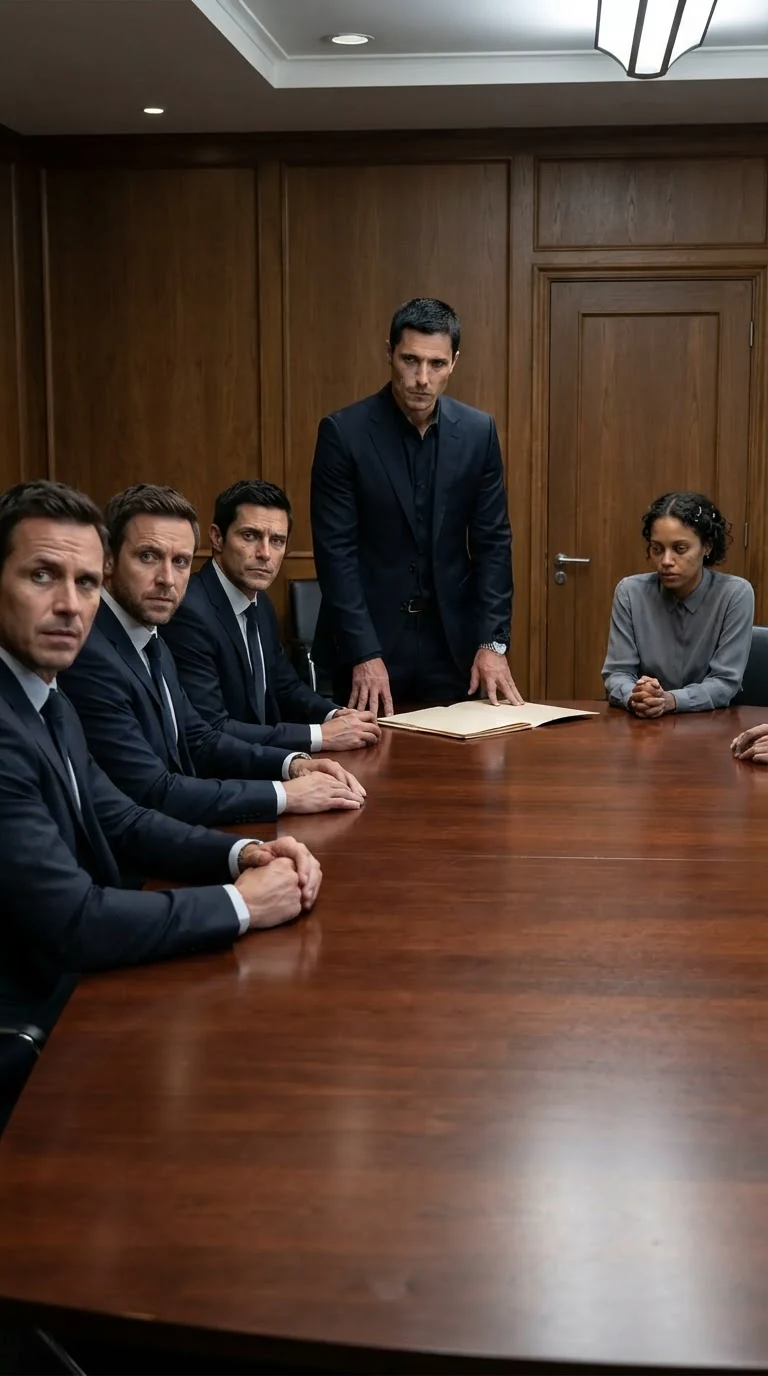Everett speaks at the head of the table as managers turn to stare at Elodie.