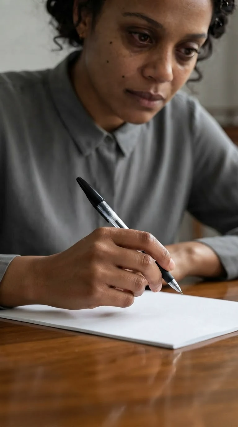 Elodie holds the pen above the form, her hand unsteady.