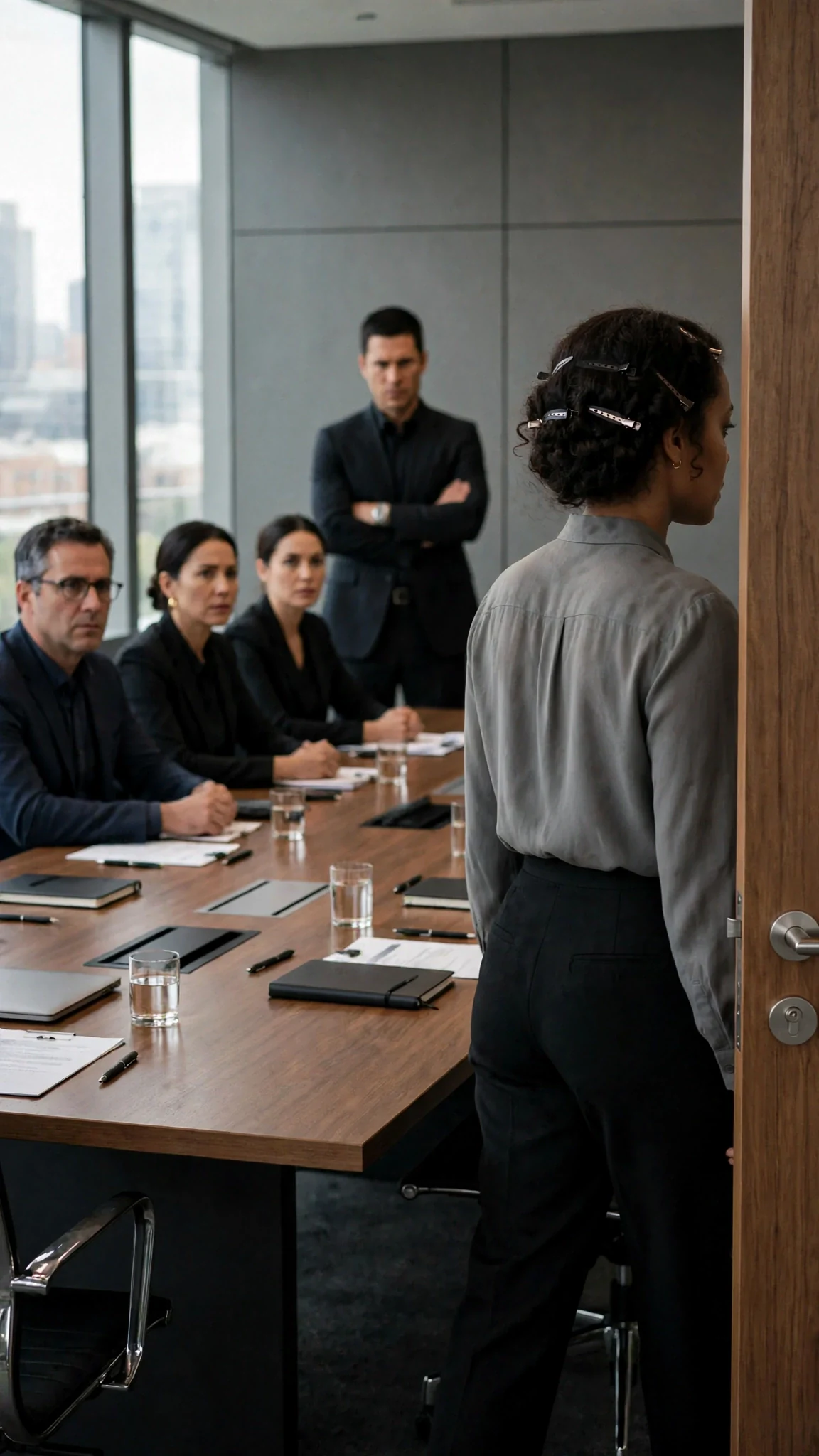 Elodie walks out of the meeting room while the managers watch in silence.