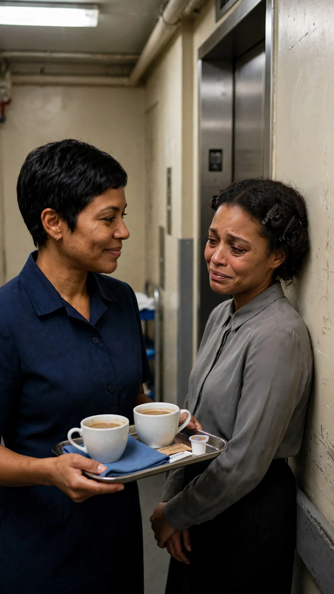 Frankie catches up to Elodie by the service elevator with the coffee tray in her arms.
