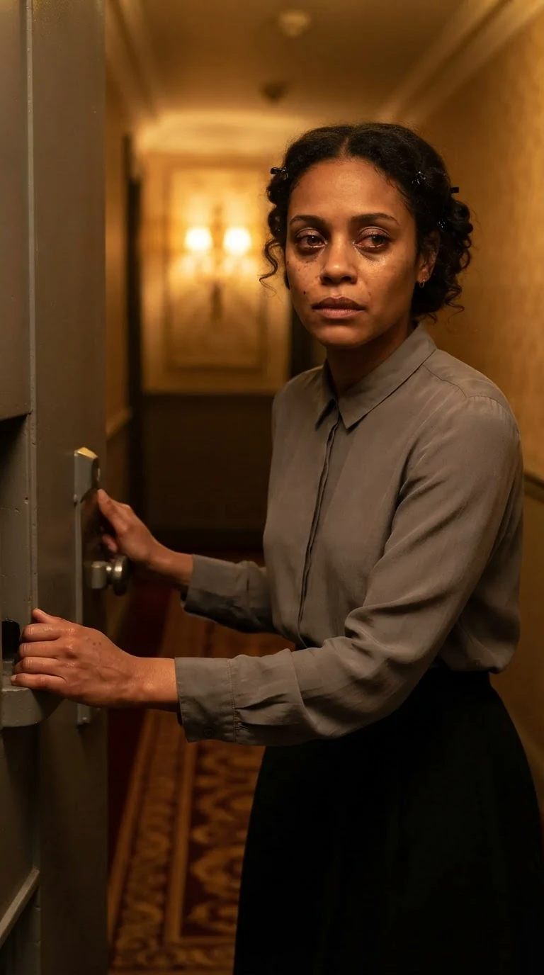 A tired woman in a gray blouse pushes open a heavy stairwell door in a hotel hallway.