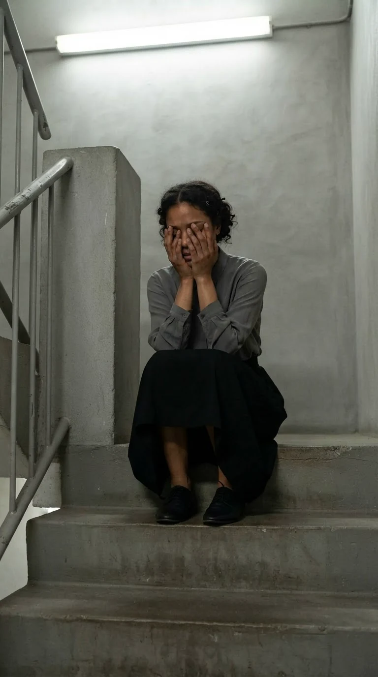 A woman sits alone on a concrete step, face buried in her hands.