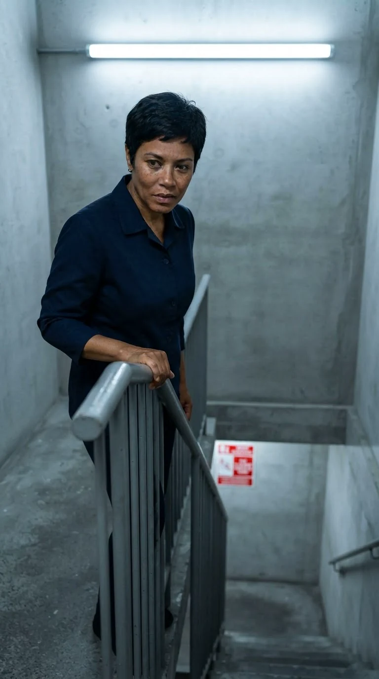 A woman in a navy hotel uniform appears at the top of the stairwell, one hand on the rail.