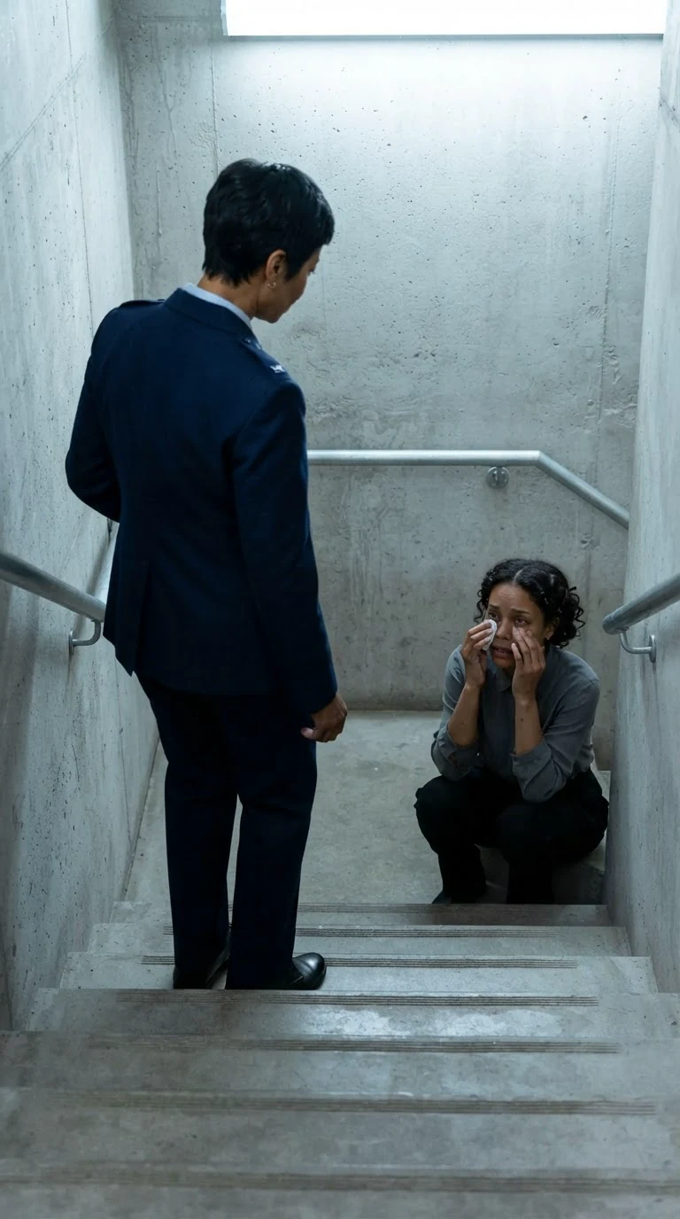 The uniformed woman steps down toward the seated woman, who wipes her face.
