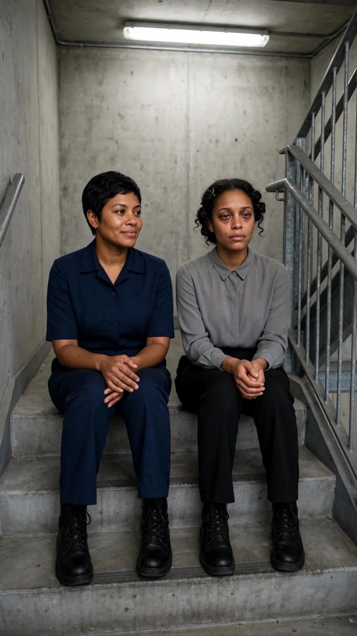 Two women sit side by side on a concrete stair landing.